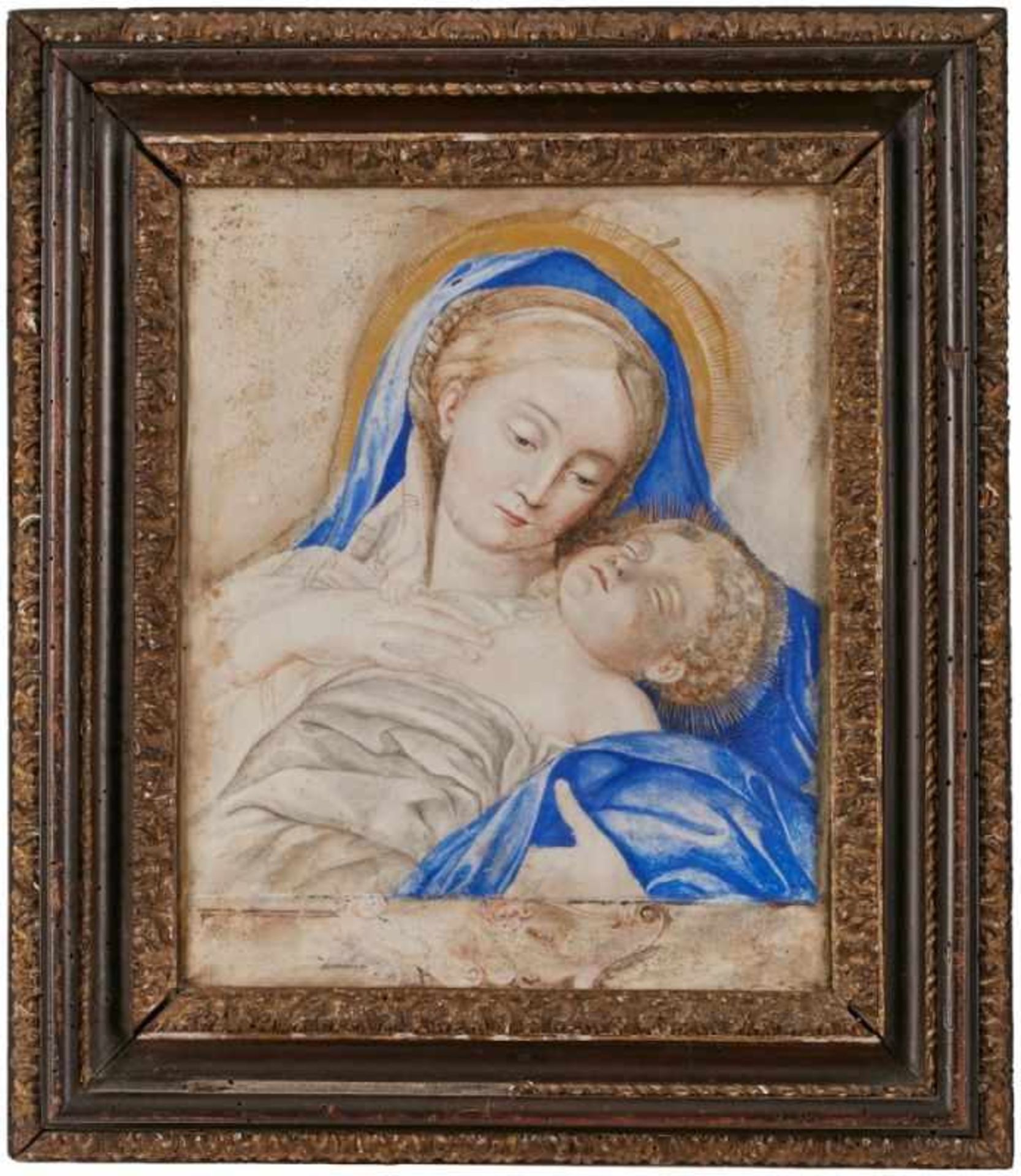 Tempera und Goldfarbe Norditalien wohl 2. Hälfte 16. Jh. "Madonna mit Kind" verso von fremder Hand