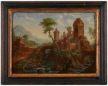 Gemälde Mittelrheinische Schule 18. Jh. "Landschaft mit Burganlage" Öl/Kupferplatte, 28,5 x 38 cm