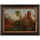 Gemälde Mittelrheinische Schule 18. Jh. "Landschaft mit Burganlage" Öl/Kupferplatte, 28,5 x 38 cm