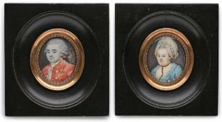 Paar Miniaturen Portraits eines Ehepaares, um 1780. Gouache auf Elfenbein. Je hoch-ov. Bildnis vor