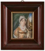 Miniatur Dame mit Spitzenhaube, um 1810. Gouache auf Elfenbein. Hochrechteckiges Brust- bild einer
