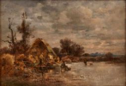 Gemälde Anton Burger zugeschr. 1824 Frankfurt - 1905 Kronberg "Landschaft mit Bauernknabe am