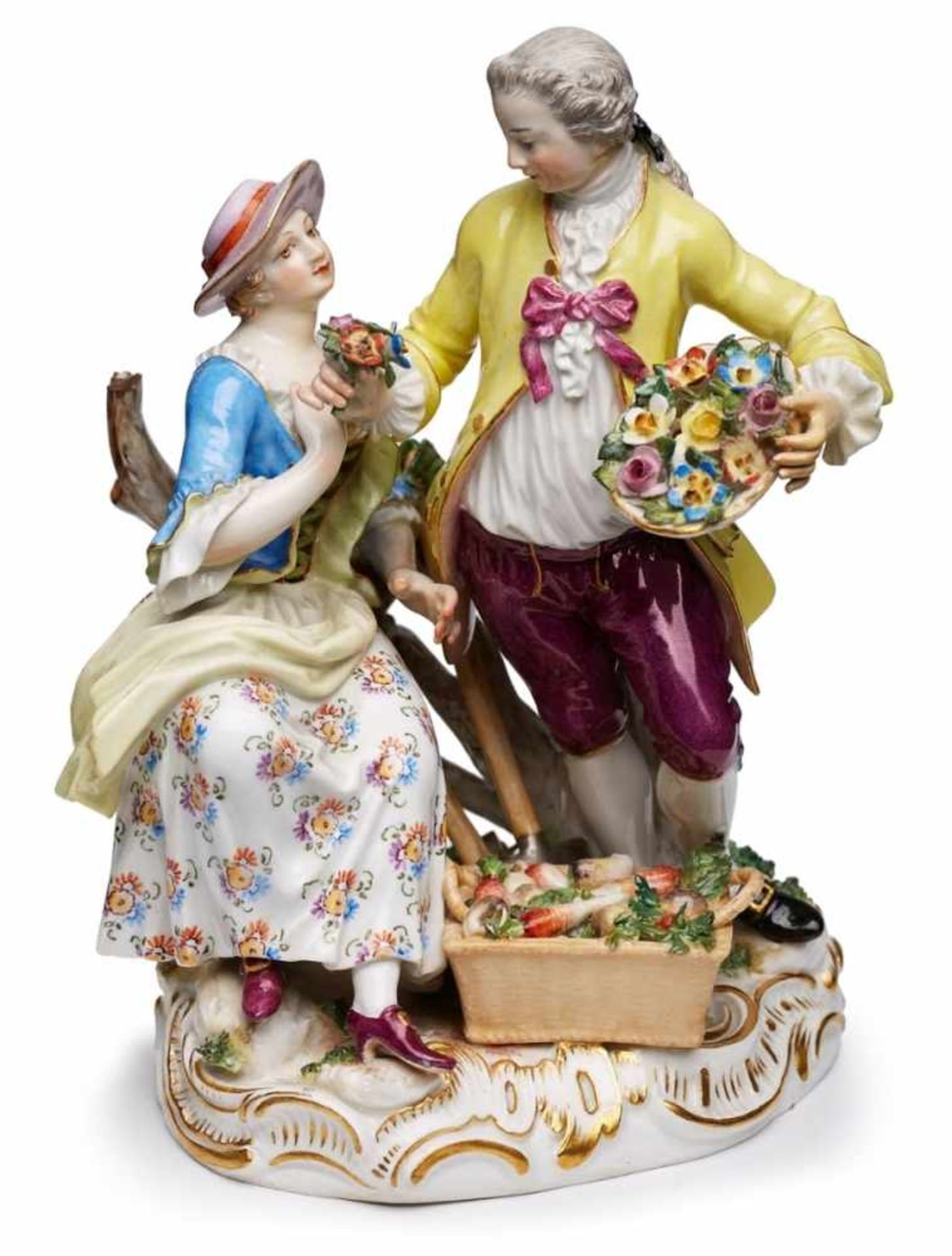 Gruppe "Gärtnerpaar", Meissen um 1860. Gold staffiert. Auf Fels sitzende Dame, zu ihren Füßen ein