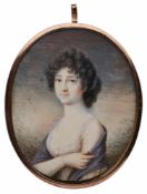 Miniatur Portrait einer jungen Dame mit blauem Schultertuch, 2. Hälfte 18. Jh. Gouache auf