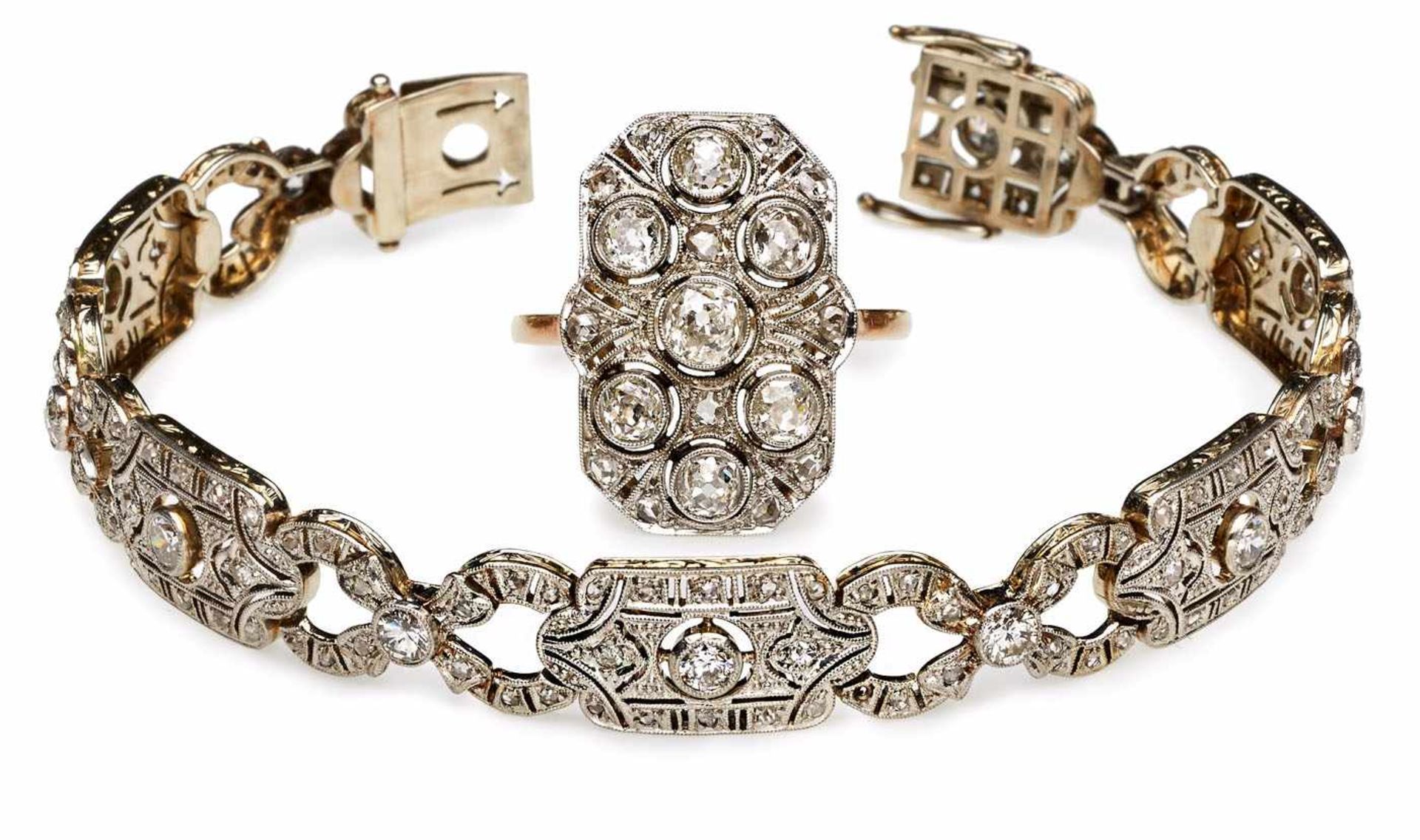 Armband und Ring, Art Déco, um 1920. GG m. Silberauflage. Je durchbrochen gearbeitete, rechteckige