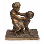 Kl. Bronze Faunenknabe mit Hund, 2. Hälfte 19. Jh. Braun patiniert. Auf rechteckiger Sockelplatte m.