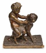 Kl. Bronze Faunenknabe mit Hund, 2. Hälfte 19. Jh. Braun patiniert. Auf rechteckiger Sockelplatte m.