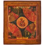 Ikone Russland um 1830 "Gottesmutter vom Unverbrennbaren Dornbusch" Temperamalerei und Vergoldung