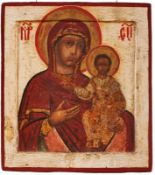 Ikone Russland um 1800 "Prozessionsikone: Maria mit Kind und Cosmas und Damian" Beidseitig bemalte