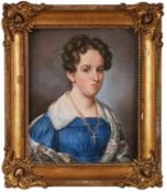 Pastell Bildnismaler Mitte 19. Jh. "Portrait einer Dame im blauen Kleid" 42,5 x 36,5 cm
