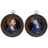 Zwei runde Emailleplatten Jesus und Maria, Limoges 17. Jh. Farbige Malerei m. Goldhöhungen auf