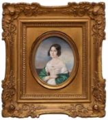 Miniatur Portrait einer Dame mit grünem Schulter- tuch, um 1840. Gouache auf Elfenbein. Unsign.