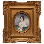 Miniatur Portrait einer Dame mit grünem Schulter- tuch, um 1840. Gouache auf Elfenbein. Unsign.