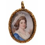 Miniatur Dame mit weißer Haube, um 1790. Gouache auf Elfenbein. Hoch-ov. Brustbild einer Frau m.