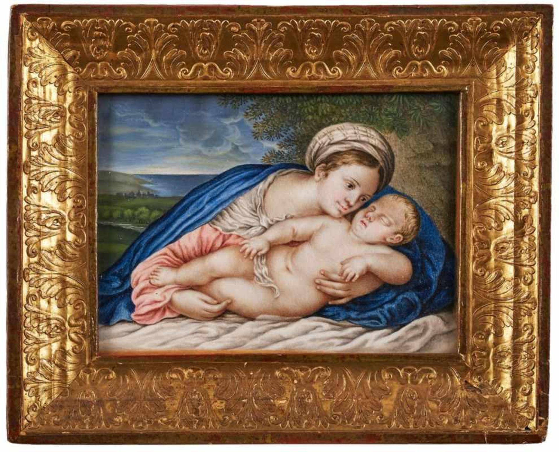 Aquarell Peter Westermayer zugeschr. Kopie nach Gemälde Anfang 18. Jh. "Madonna mit Kind" 10 x 14