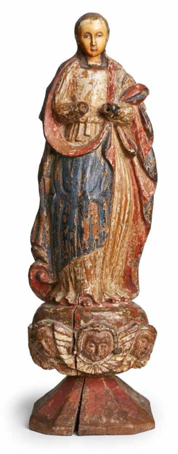Madonna, wohl Spanien 18. Jh. Holz vollrd. geschnitzt, Rückseite abgeflacht, bunt gefasst, Reste