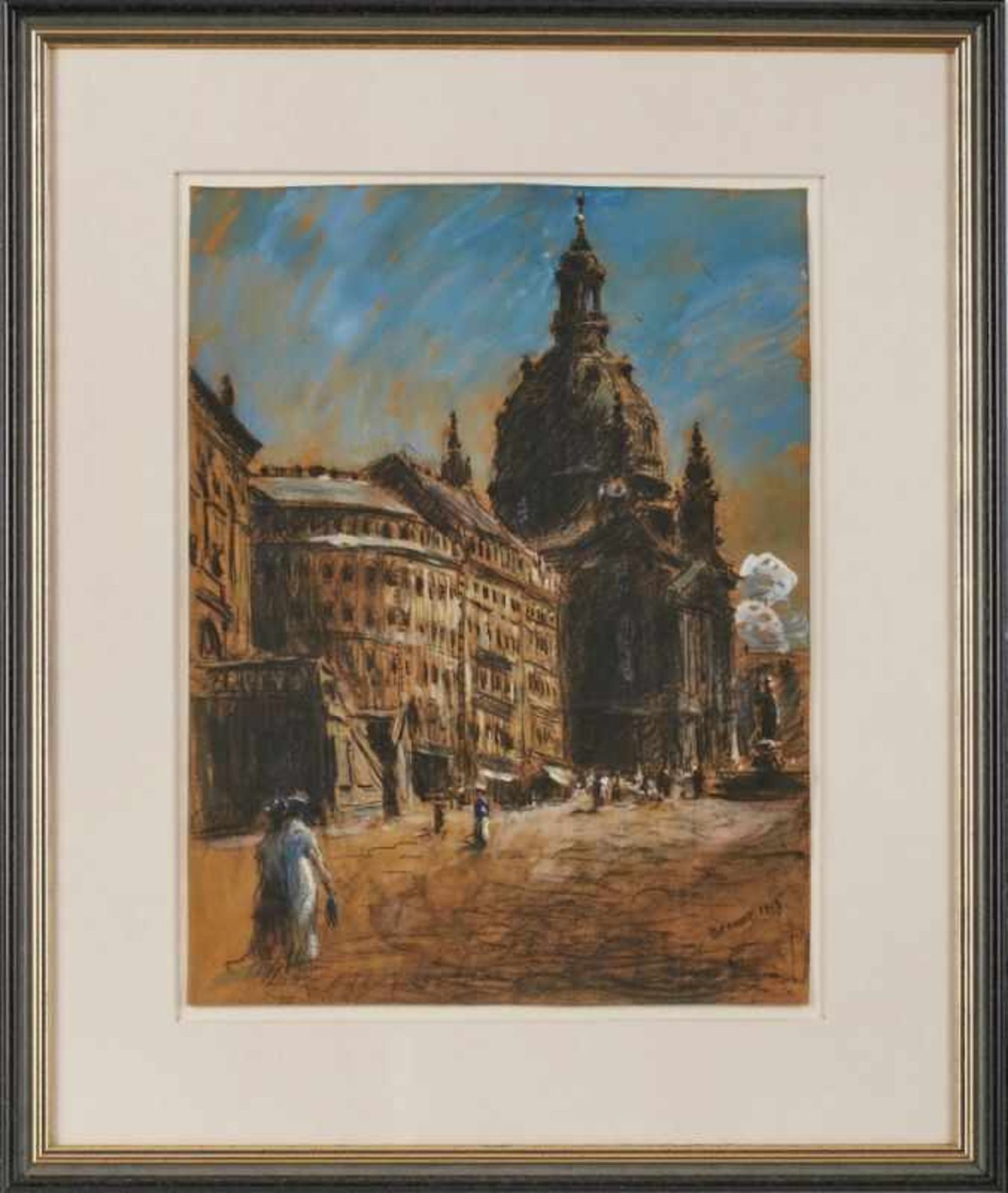 Mischtechnik Kohle mit Tempera Siegfried Berndt 1880 Görlitz - 1946 Dresden "Frauenkirche in