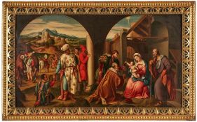 Gemälde Italien 19. Jh. "Anbetung der Heiligen Familie" Öl/Lwd., 45 x 81 cm