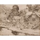 Bleistiftzeichnung Max Clarenbach 1880 Neuss - 1952 Wittlaer "Häuser am Flüsschen" u. li. sign. u.