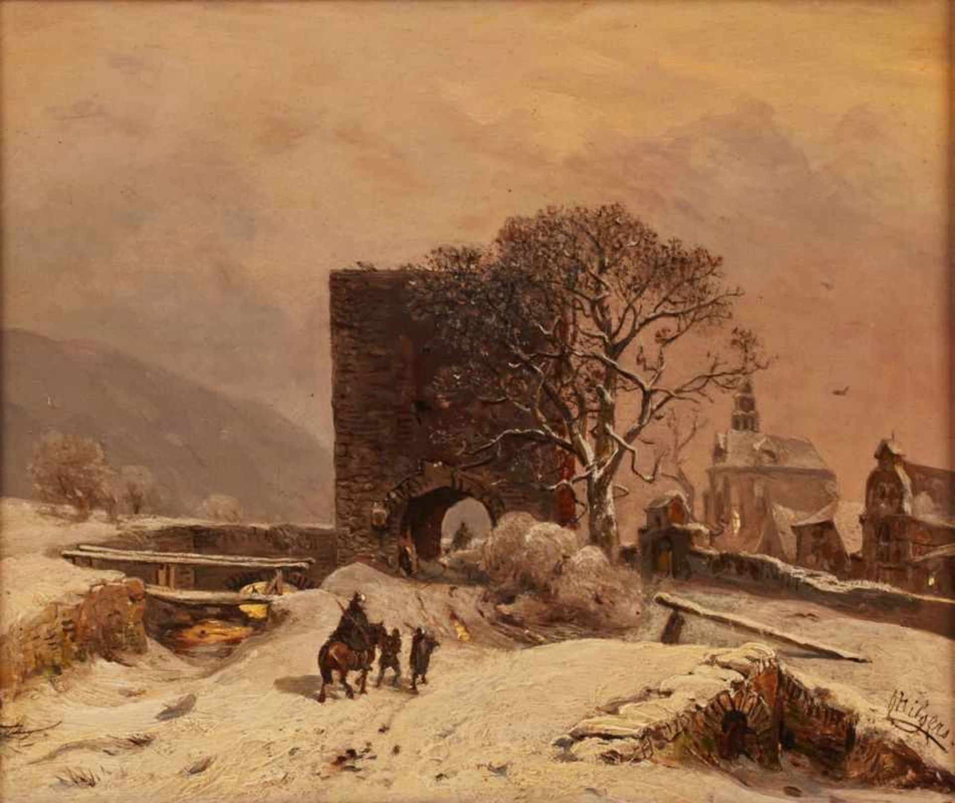Gemälde Carl Hilgers 1818 Düsseldorf - 1890 Düsseldorf "Oberwesel im Winter" u. re. sign. u. dat. C.