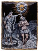 Emailleplatte Taufe Jesu, Limoges wohl 18. Jh. Grisaille-Malerei m. Goldhöhungen auf Kupfer- platte.