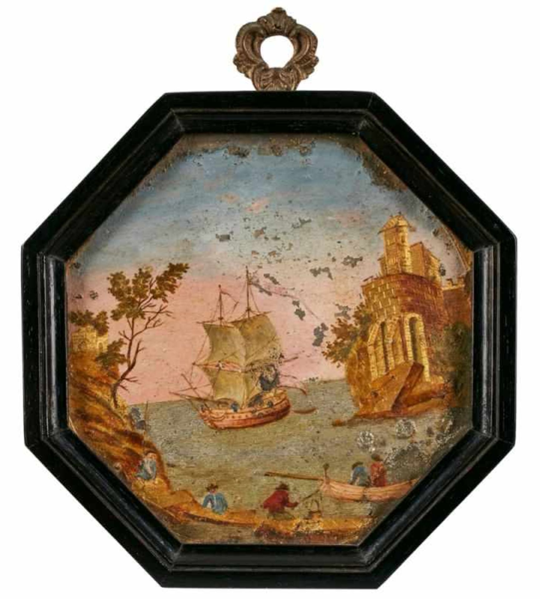 Kl. Gemälde wohl Thomas Compigné Miniaturmaler 18. Jh. "Küstenszene mit Segelschiff" Öl, Gold- u.