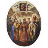 Emailleplatte "Kirchenheilige", Russland 2. Hälfte 19. Jh. Messingplatte m. farbiger Malerei u.