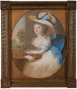Pastellkreide Bildnismaler um 1790 "Portrait einer Adeligen mit Federhut und Blumenkörbchen" 36 x 47