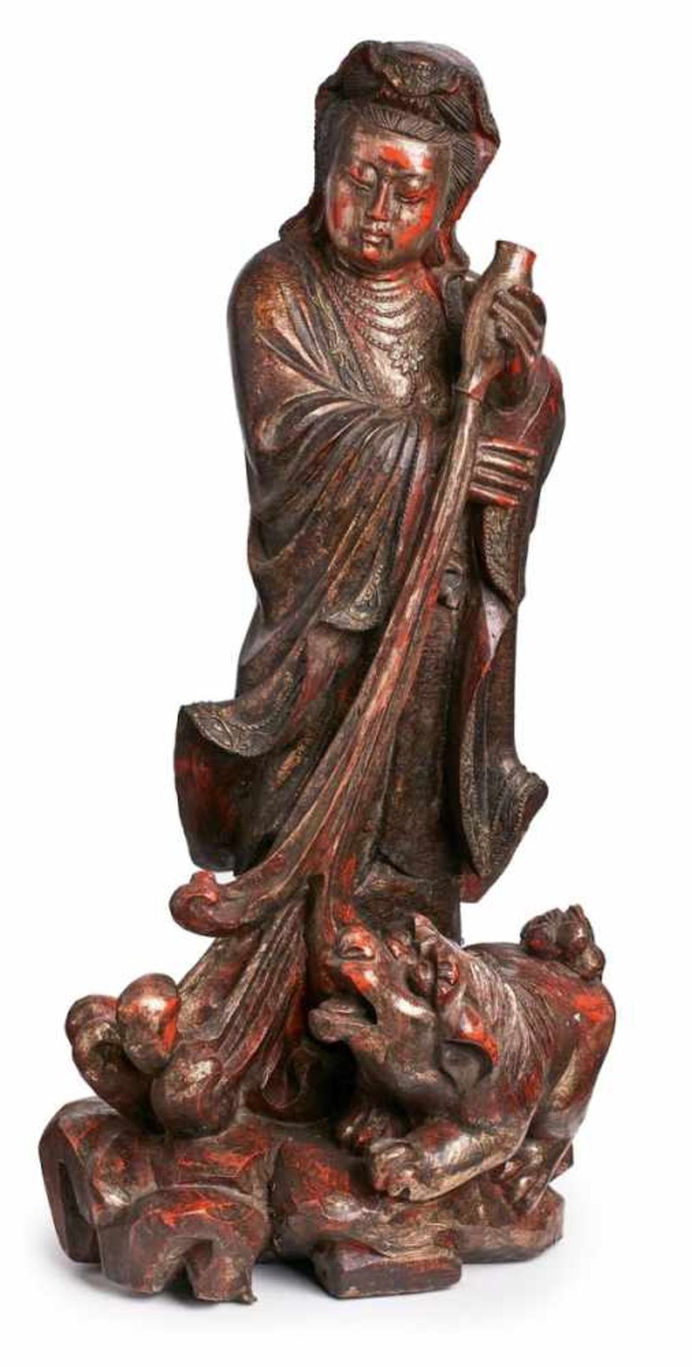 Gr. Skulptur Guanyin, China wohl um 1880. Holz, vollrd. geschnitzt, gold gefasst. Auf Fels