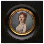 Miniatur Portrait einer Dame mit rotem Haarband, wohl Frankreich 1. Hälfte 19. Jh. Gouache auf