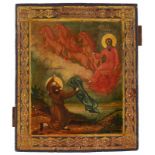 Ikone Russland um 1870 "Himmelfahrt des heiligen Elias" Temperamalerei und Vergoldung auf