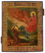 Ikone Russland um 1870 "Himmelfahrt des heiligen Elias" Temperamalerei und Vergoldung auf