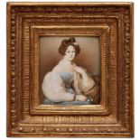 Miniatur Damenportrait mit Rose, um 1860. Gouache/ Elfenbein. Unsign. 10,2 x 9 cm, ges. 16,6 x 15,