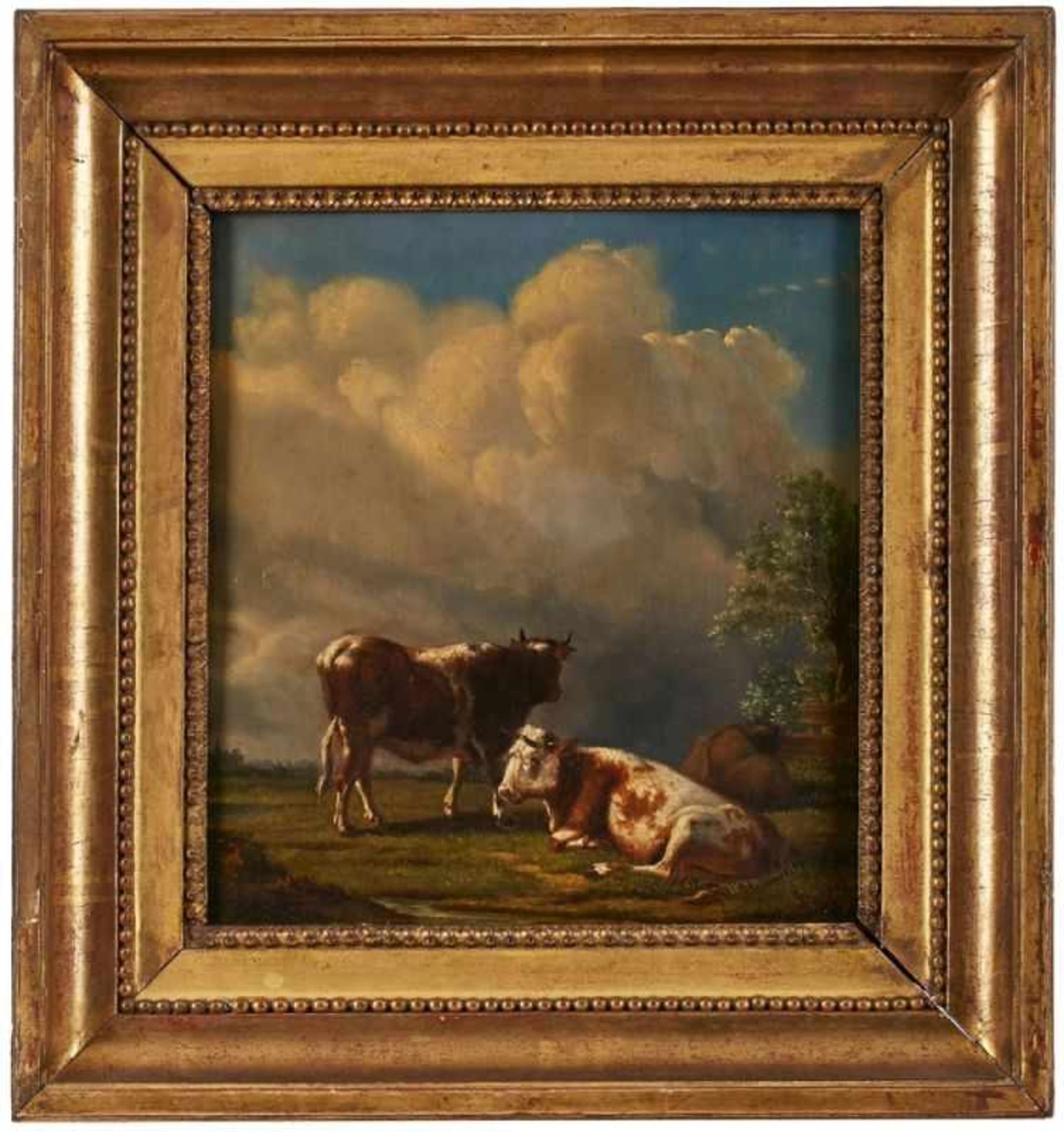 Gemälde Niederlande um 1800 "Kühe auf der Weide" Öl/Eichenholz, 33 x 29 cm