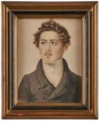 Miniatur/ Portraitzeichnung Junger Herr mit Locken, um 1830. Aquarell auf Papier. Hochrechteckiges
