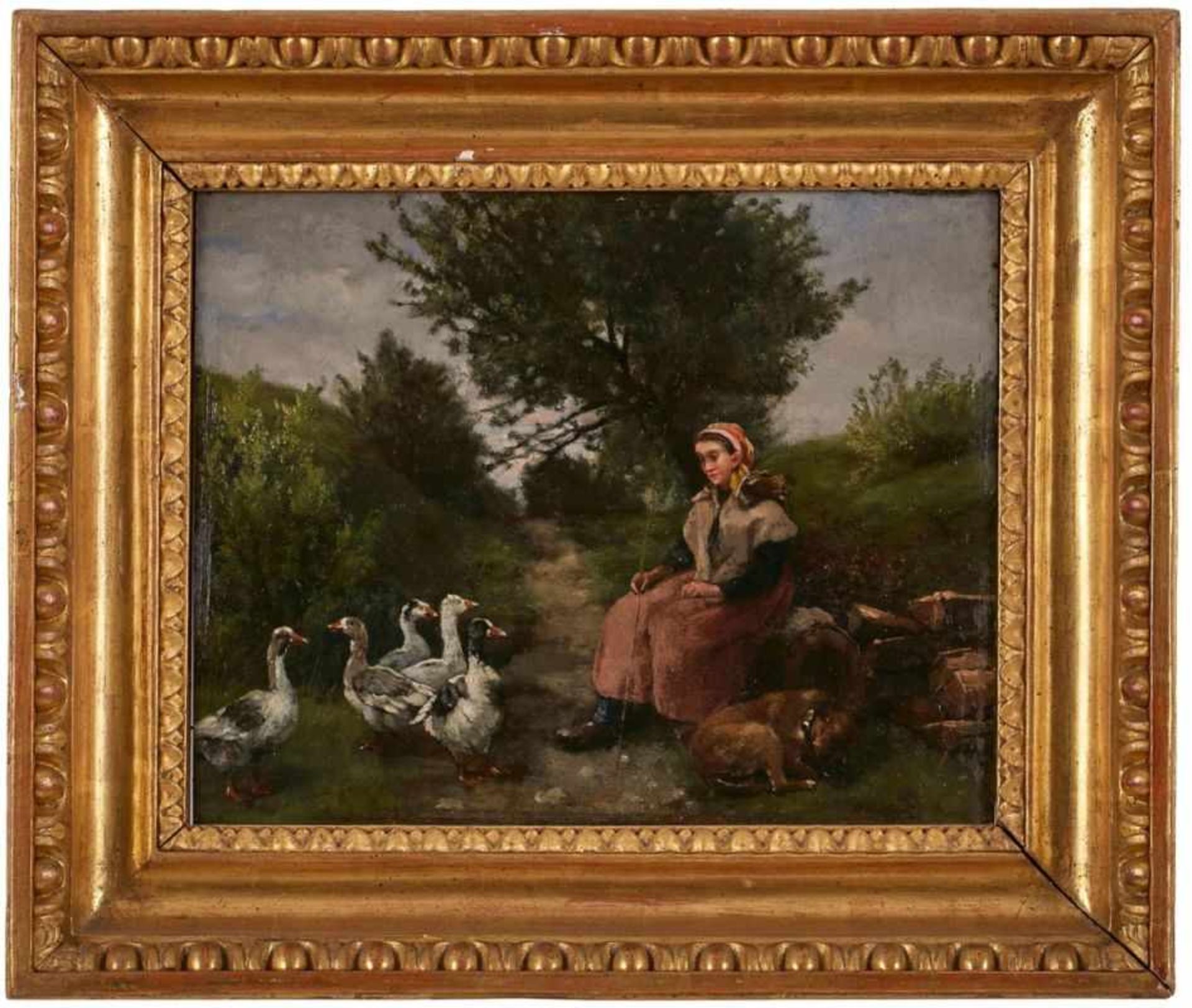 Gemälde Genremaler um 1870 "Gänsehirtin vor Landschaft" Öl/Holz, 19 x 24 cm