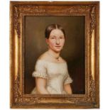 Gemälde Bildnismaler Mitte 19. Jh. "Junge Frau in weißem Kleid" Öl/Lwd., 39 x 31 cm