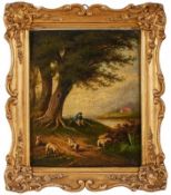 Gemälde Landschafts- und Genremaler 19. Jh. "Schafhirte in Landschaft" Öl/Platte, 24,5 x 21 cm