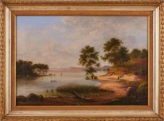 Gemälde Landschaftsmaler um 1850 "Seenlandschaft" Öl/Lwd., 43,5 x 63 cm