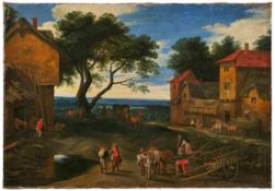 Gemälde Niederlande 17. Jh. "Landschaft mit Rasthaus" Öl/Lwd. (doubl.), 64 x 93 cm, o. R.