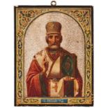Ikone Russland um 1900 "Hl. Nikolaus v. Myra" Temperamalerei und vergoldung auf teilweise