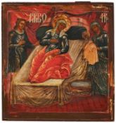 Ikone Russland 19.Jh "Maria Geburt" Temperamalerei und Vergoldung auf Laubholztafel. 31 x 29 cm