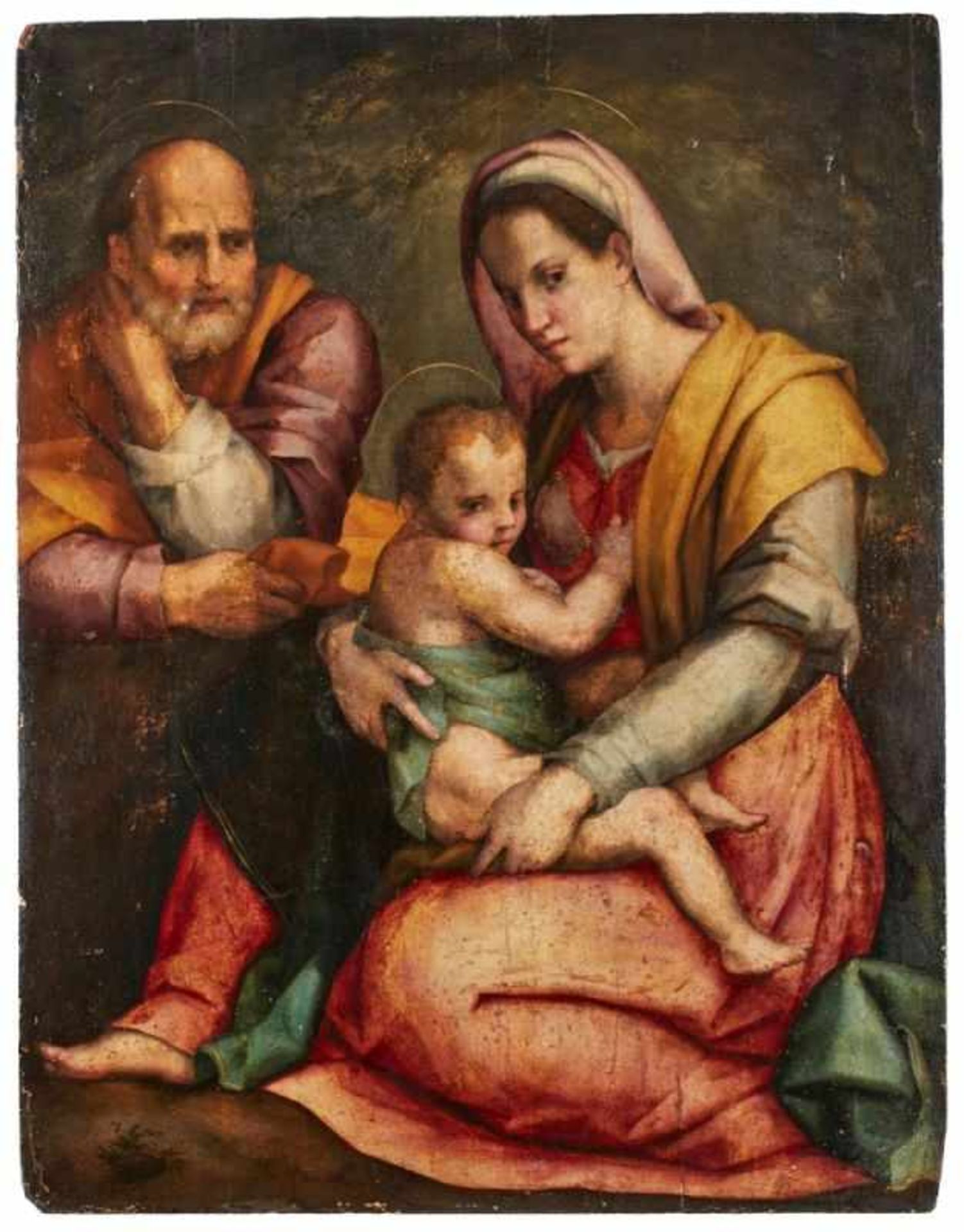 Gemälde Sakralmaler Italien 16. Jh. Nach Andrea del Sarto "Heilige Familie" Öl/Holz, 128 x 99 cm
