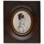 Miniatur Portrait einer jungen Dame in weißem Kleid, um 1830. Bleistift u. Gouache auf Papier.