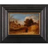 Gemälde Niederlande 17./18. Jh. "Landschaft mit Personen vor einem Dorf" Öl/Holz, 22,5 x 32,5 cm