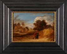 Gemälde Niederlande 17./18. Jh. "Landschaft mit Personen vor einem Dorf" Öl/Holz, 22,5 x 32,5 cm