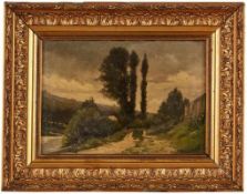 Gemälde sign. Leon Pilet Landschaftsmaler um 1900. "Flusslandschaft" u. li. sign. Leon Pilet Öl/