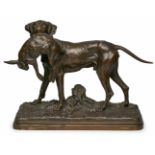 Bronze Alfred Dubucand (1828-1894) "Jagdhund mit erlegtem Hasen", 2. Hälfte 19. Jh. Hellbraun