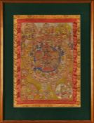 Thangka, Tibet wohl 19. Jh. Bemalter Stoff. Vielfigurige Szenen in versch. Kreis-Elementen. 2-