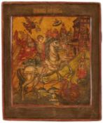 Ikone, Russland um 1800 "Hl. Georg" Temperamalerei u. Vergoldung auf Laubholztafel. 31,5 x 26,4